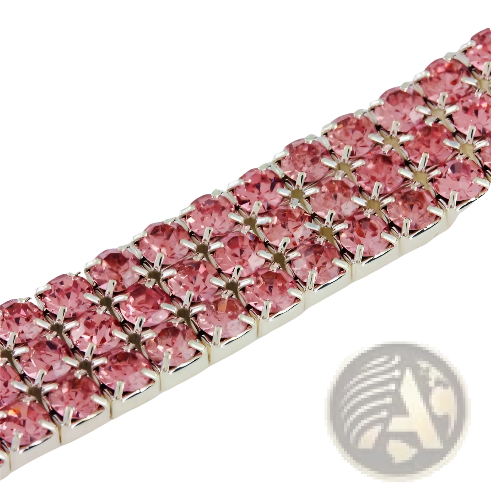 A sparkling pink rhinestone paw print pet collar with a silver-toned metal setting displayed