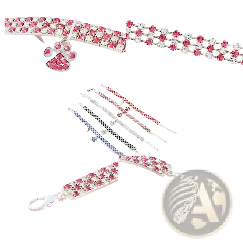 Pink and clear rhinestone pet collar featuring a silver paw print charm designed for stylish dogs
