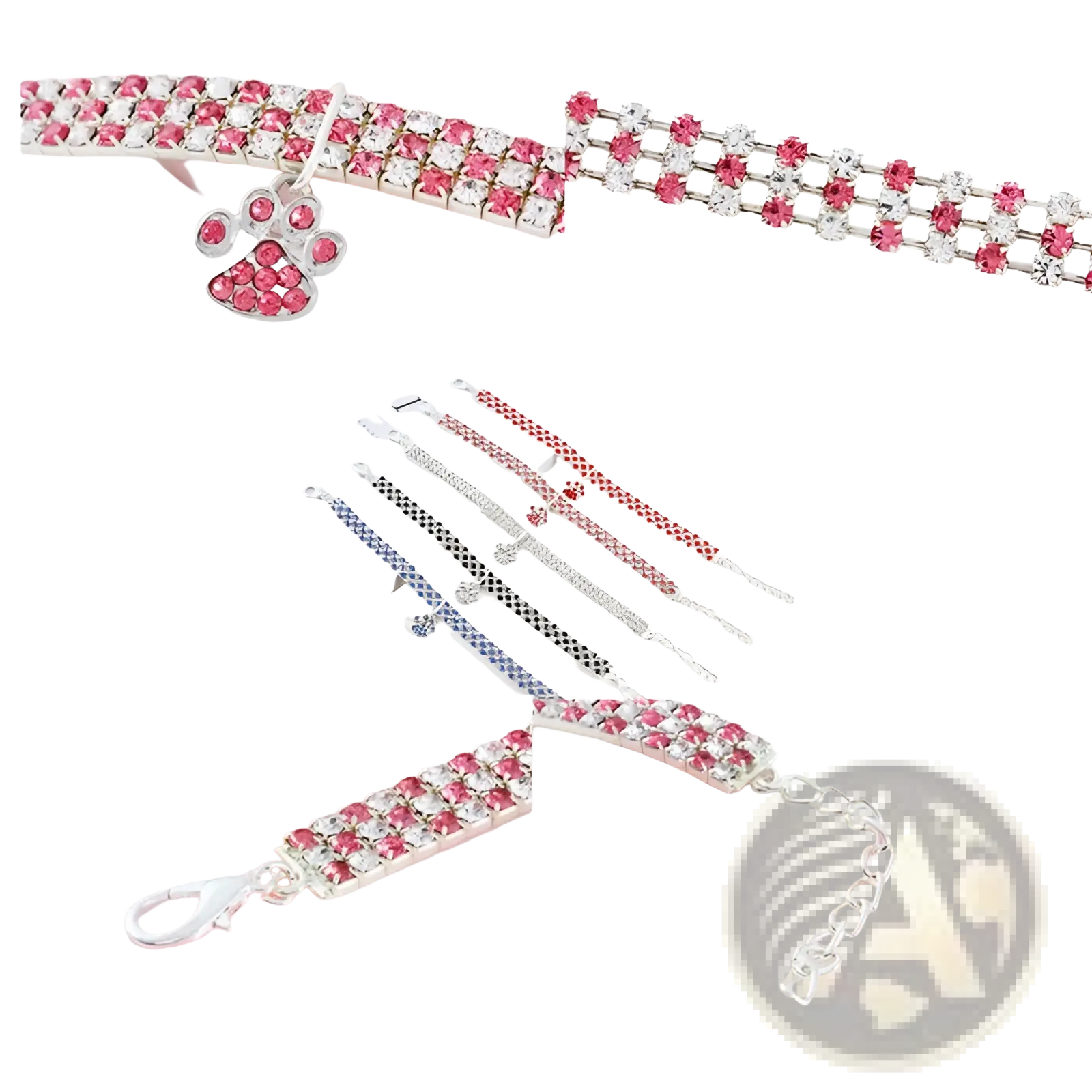 Pink and clear rhinestone pet collar featuring a silver paw print charm designed for stylish dogs