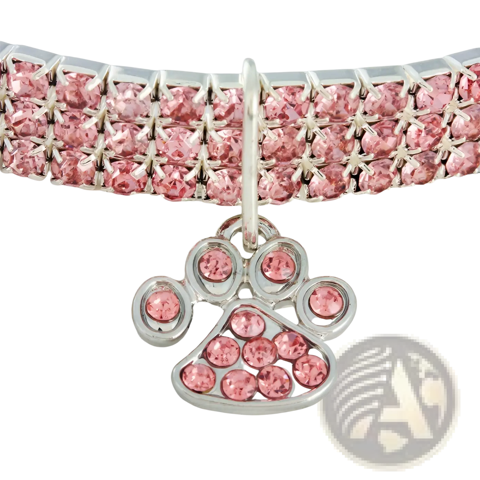Pink rhinestone paw print pet collar made of sparkling crystals with a matching paw-shaped charm for dogs