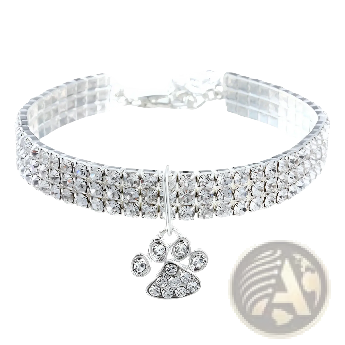 Silver rhinestone pet collar featuring a matching paw print charm for stylish and elegant dog accessories