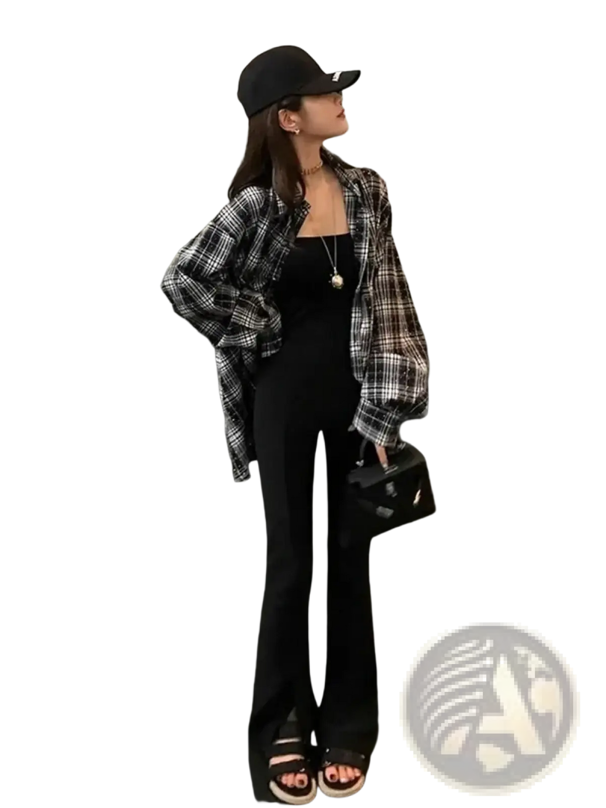 Black plaid button-up rhinestone blouse worn open over black top and pants casual loose fit shirt