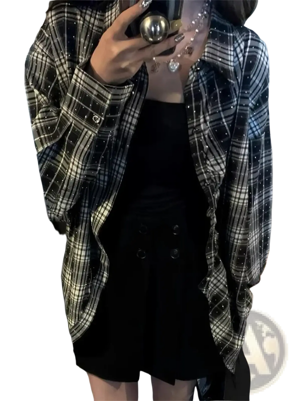 Black and white plaid blouse with sparkling rhinestone embellishments casual loose shirt front side view