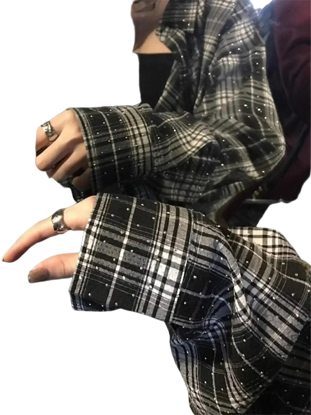 Rhinestone plaid blouse casual loose shirt featuring black and white plaid with subtle glittering dots