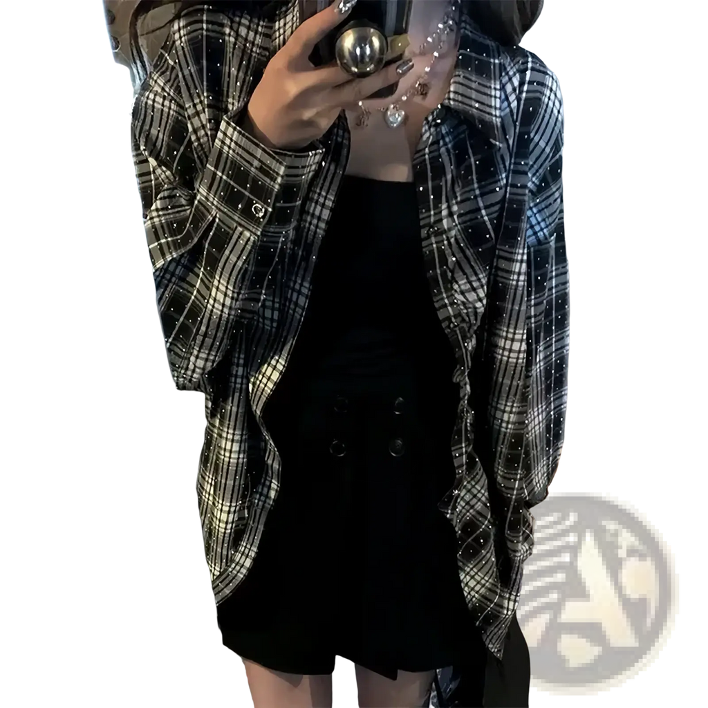 Black and white plaid button-up blouse with sparkling rhinestone embellishments on collar, cuffs, and front for casual wear