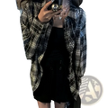 Black and white plaid button-up blouse with sparkling rhinestone embellishments on collar, cuffs, and front for casual wear