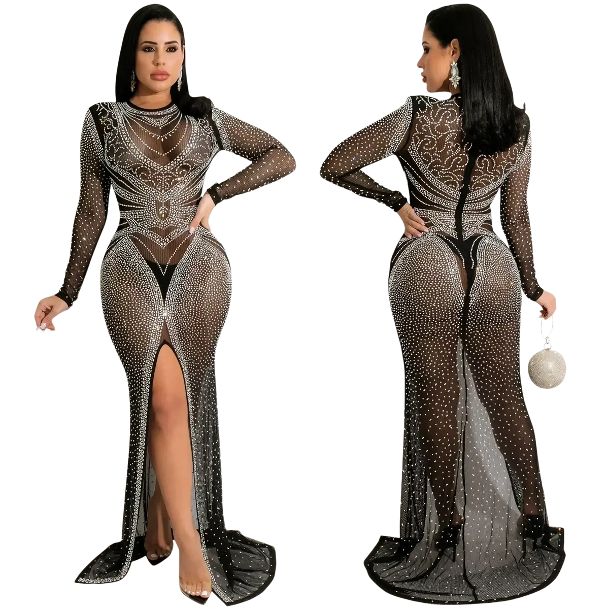 Rhinestone sheer mesh long sleeve evening dress in black with sparkling silver rhinestones high slit and intricate back design