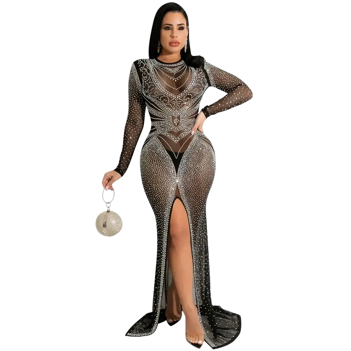 A shimmering black rhinestone sheer mesh long sleeve evening dress with intricate embellishments and a high slit