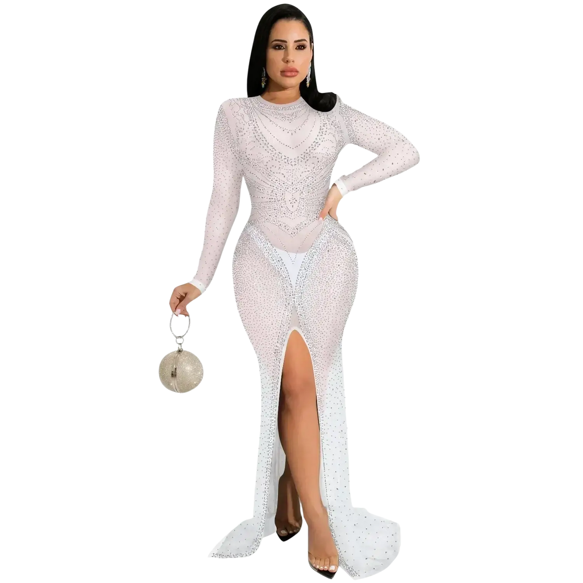 A shimmering white rhinestone sheer mesh long sleeve evening dress with crystal embellishments and a high slit