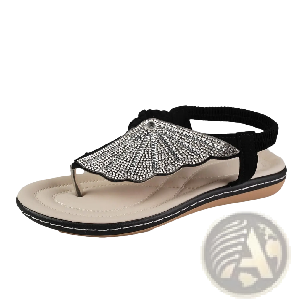 Black thong sandal with silver rhinestone shell embellishment on the toe strap for women summer beach wear