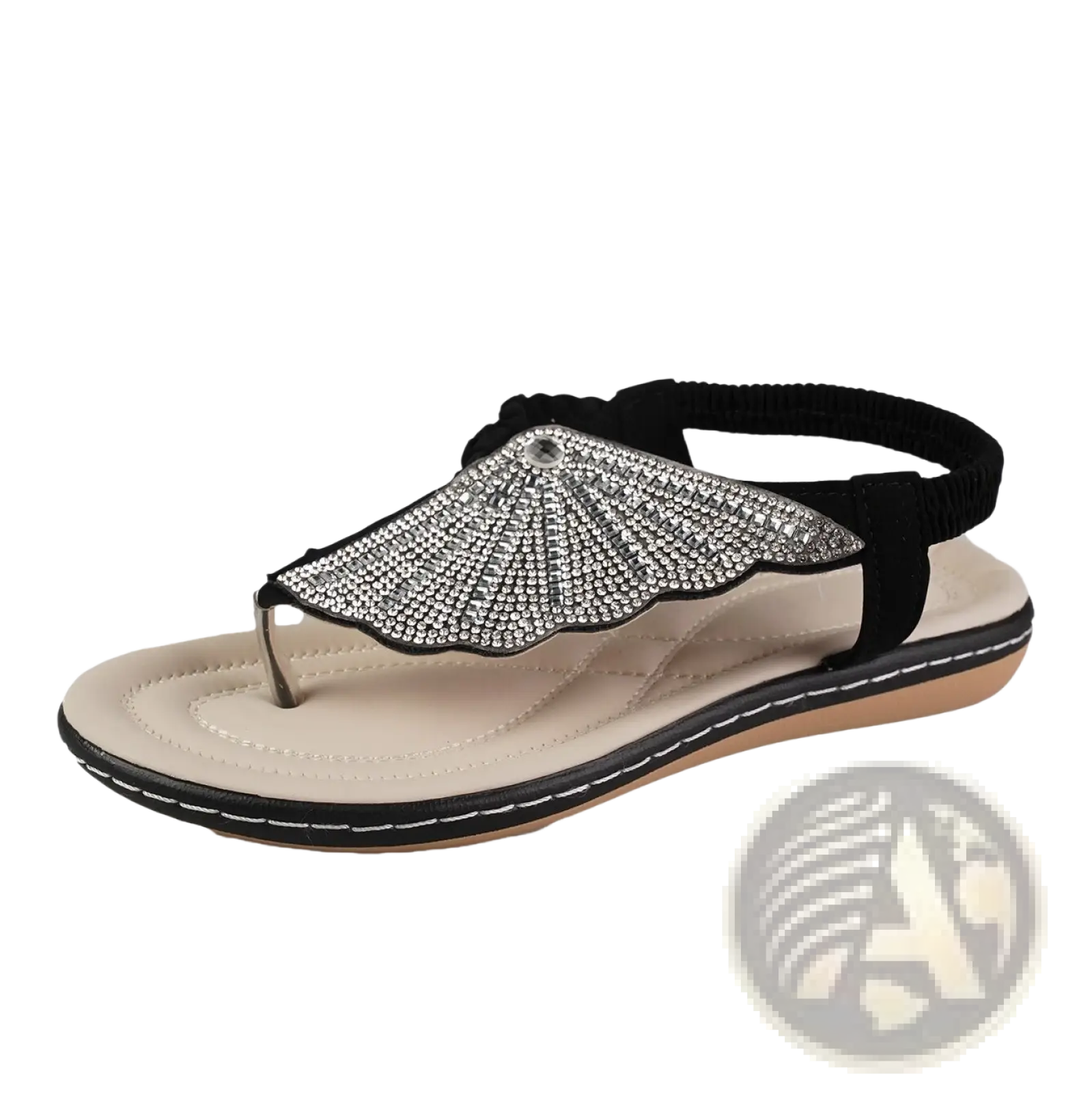 Black thong sandal with silver rhinestone shell embellishment on the toe strap for women summer beach wear