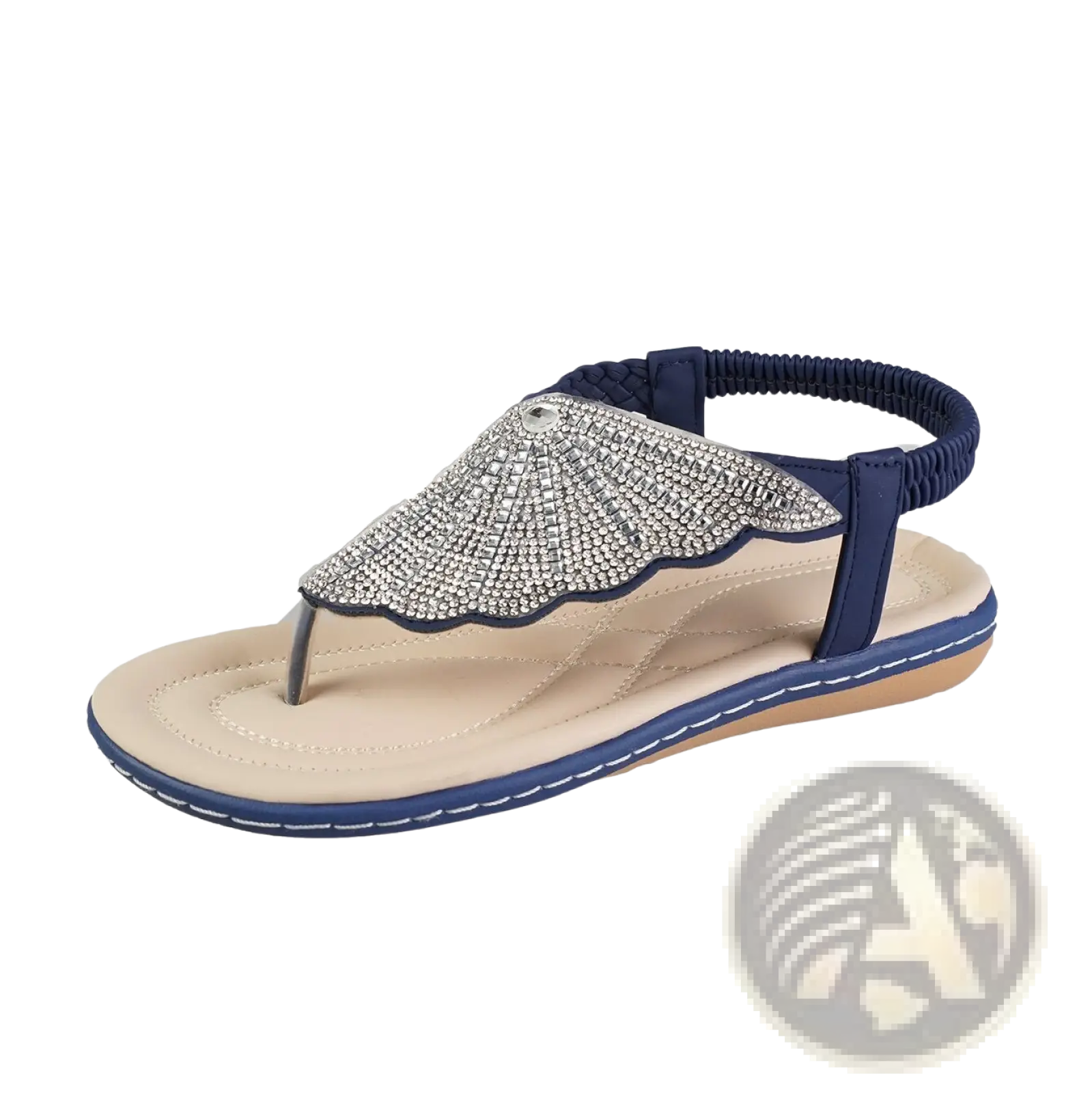 Navy blue thong sandal with silver rhinestone fan-shaped embellishment on toe strap for women summer beach use
