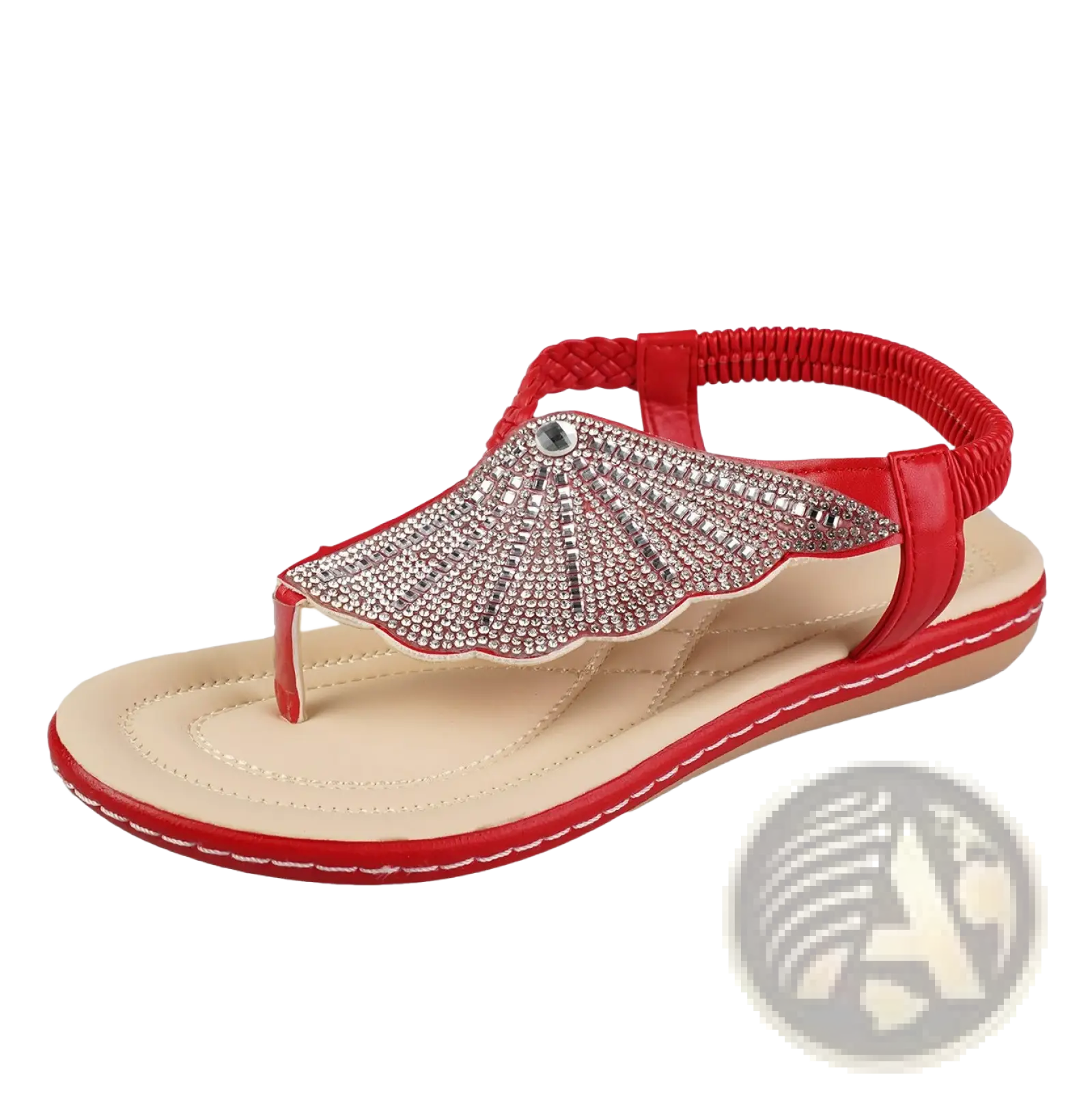 Red thong sandal featuring sparkling fan-shaped rhinestone embellishment on the toe strap for summer beachwear