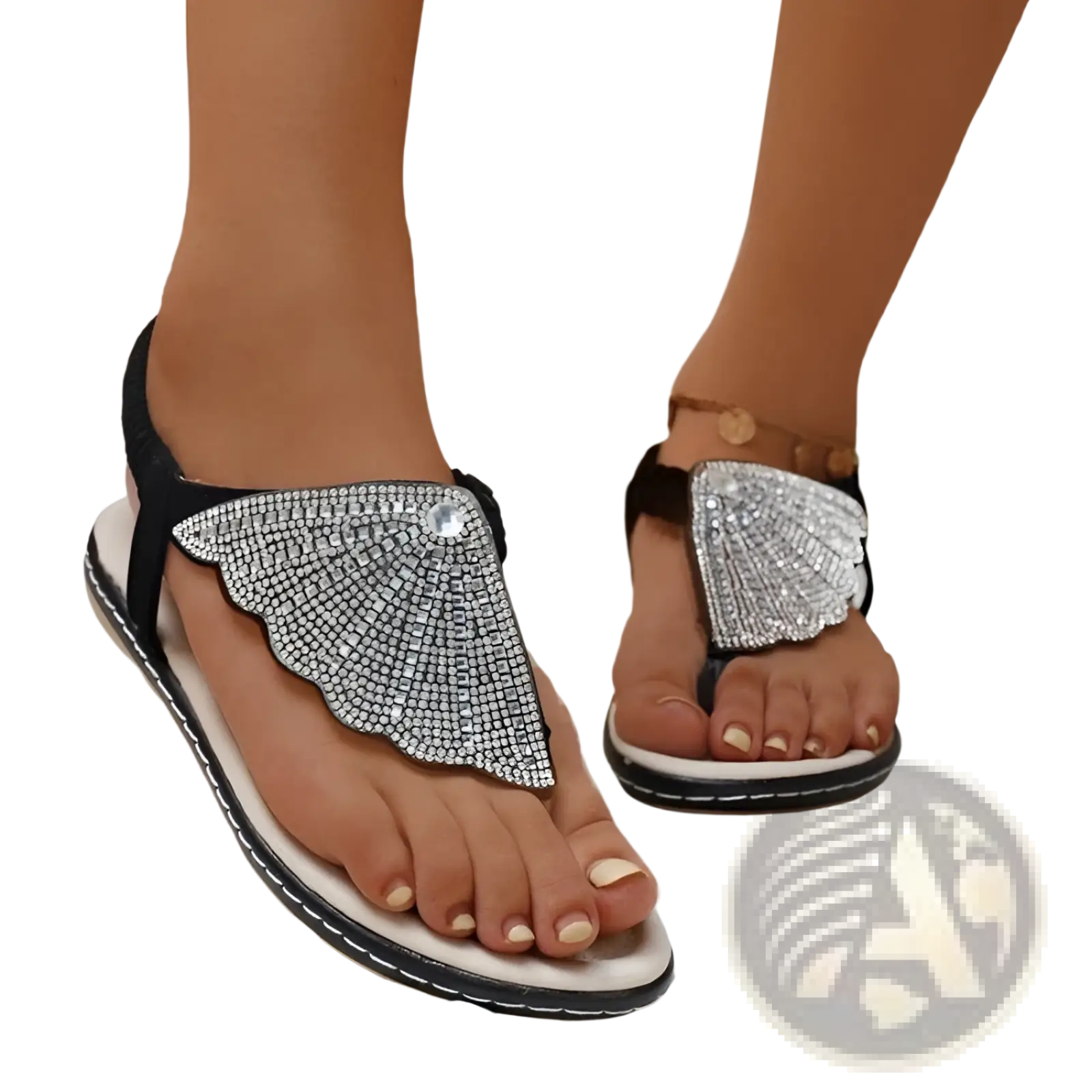 Rhinestone shell flip flops for women featuring black and silver rhinestone butterfly wing design with white sole