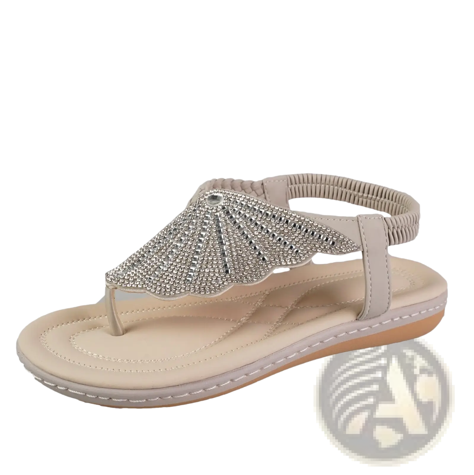 Beige thong sandal with sparkling silver rhinestone fan-shaped embellishment on toe strap for summer beach wear