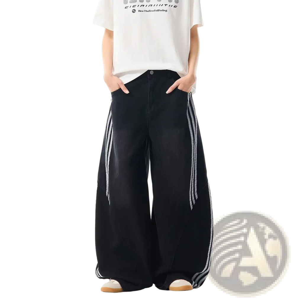 Black rhinestone starburst wide leg jeans featuring white striped side panels in a wide leg style