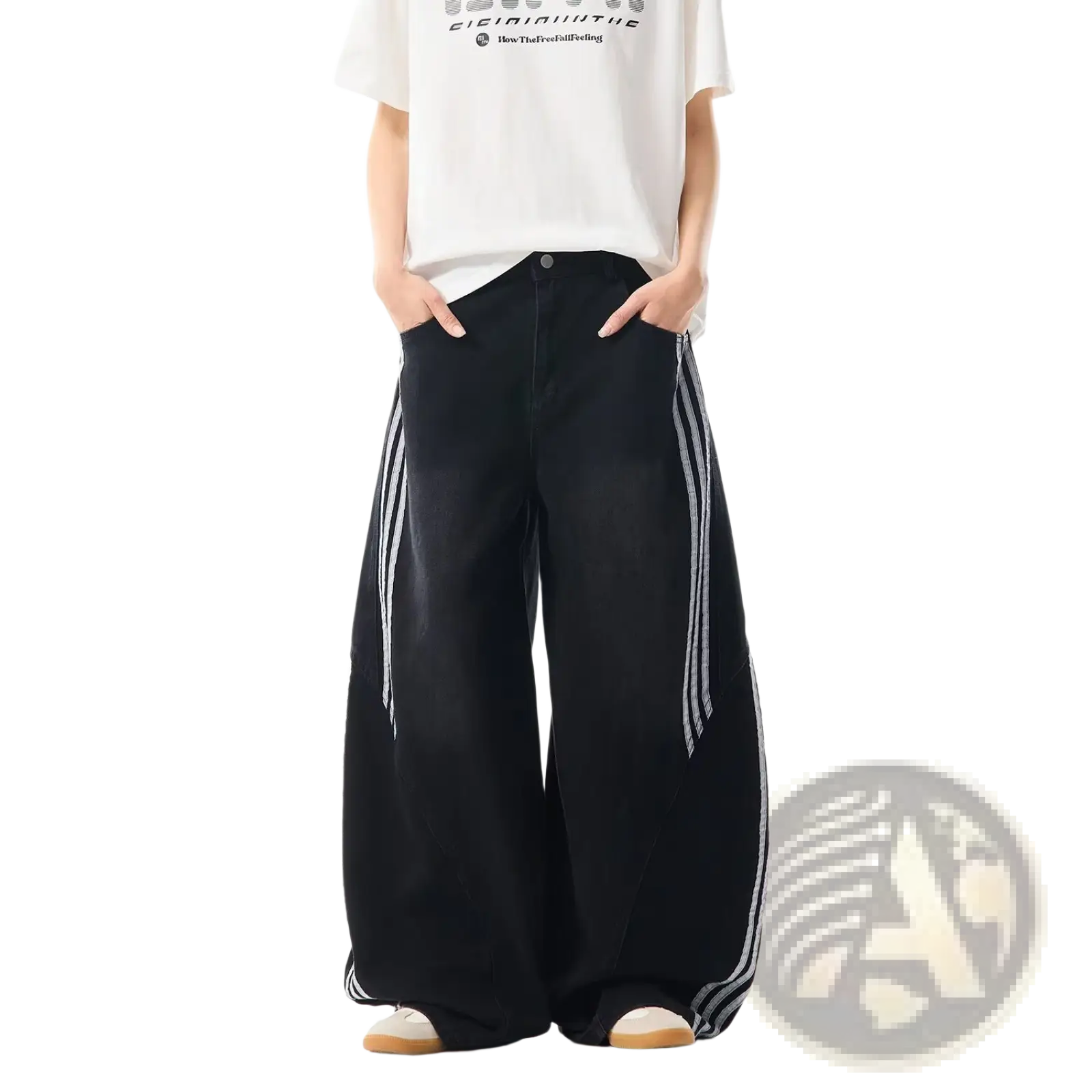 Black rhinestone starburst wide leg jeans featuring white striped side panels in a wide leg style