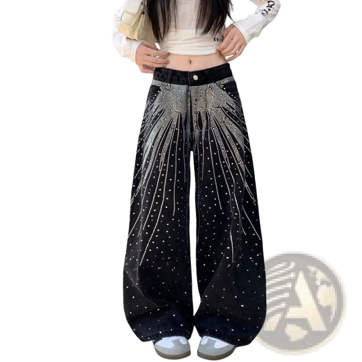 Black denim rhinestone starburst wide leg jeans with silver intricate rhinestone embellishments forming radiant patterns