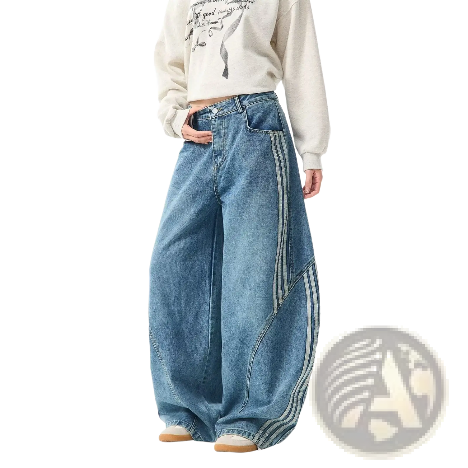 Rhinestone starburst wide leg jeans in medium blue denim with three vertical stripes along the outer seam