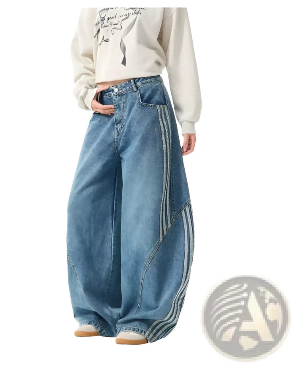 Rhinestone starburst wide leg jeans in faded blue denim with three vertical stripes along the outer seam