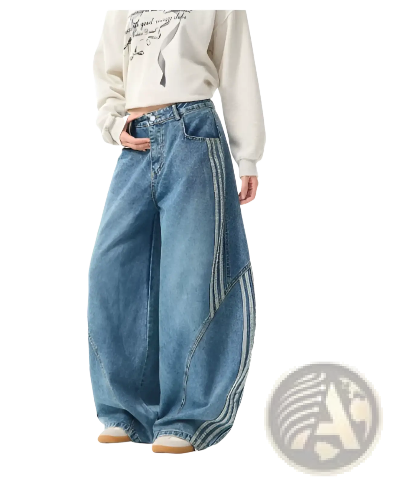 Rhinestone starburst wide leg jeans in faded blue denim with three vertical stripes along the outer seam