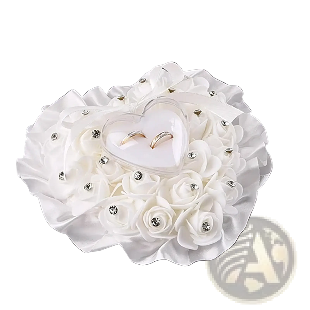 White floral rhinestone wedding ring pillow with silver accents holding a heart-shaped clear case with two gold rings