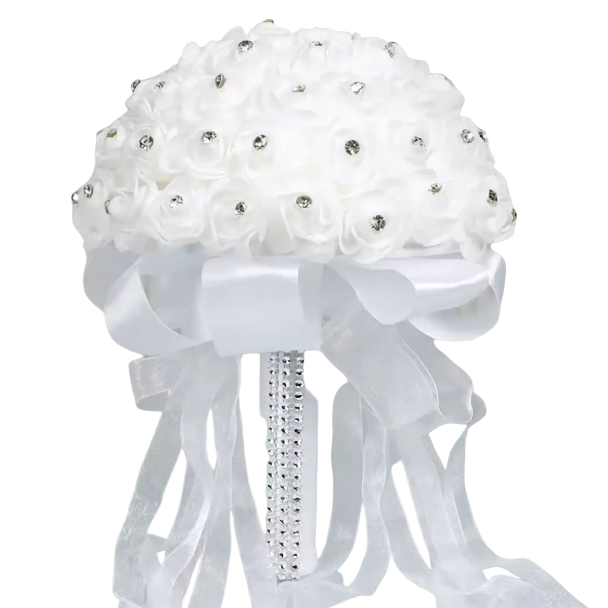A white fabric rose bridal bouquet with rhinestones and satin ribbon bow for wedding ring pillow