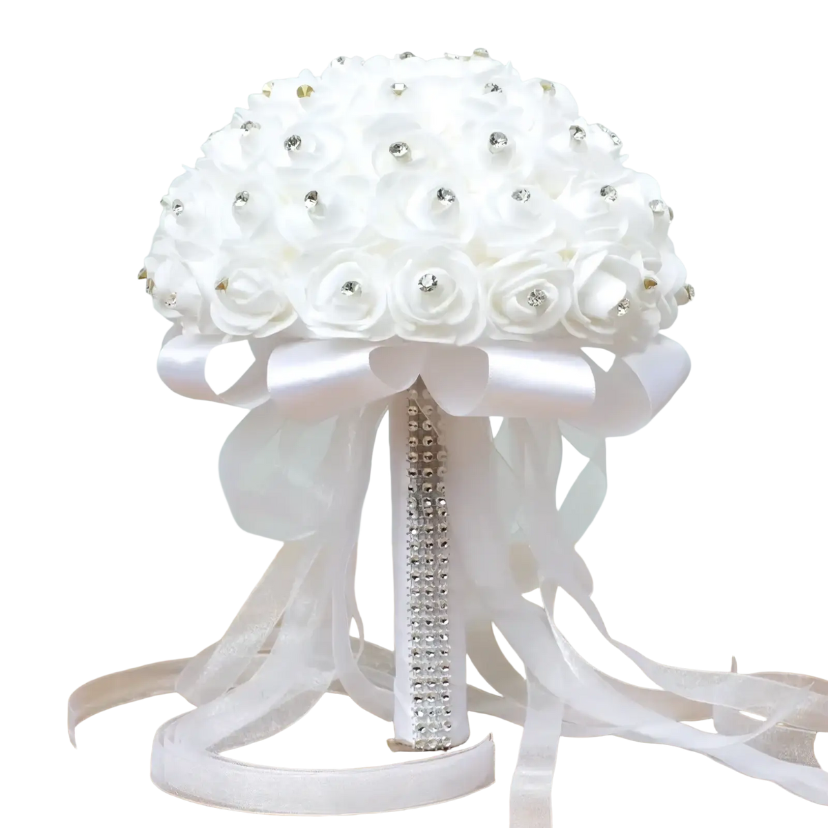 A white rhinestone wedding ring pillow floral bridal bouquet with fabric roses and silver beaded stem wrapped in ribbon