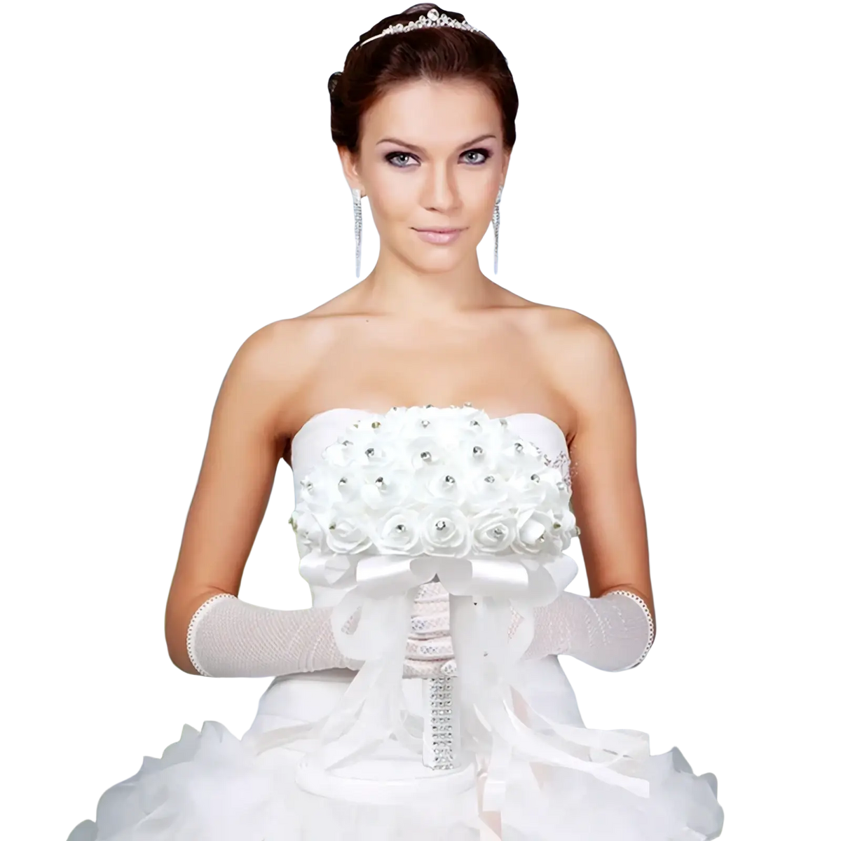White floral bridal bouquet with rhinestone accents and satin ribbon wrapping for wedding ring pillow use