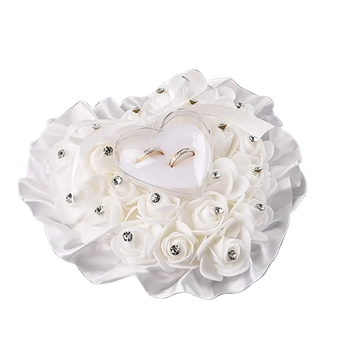 White floral rhinestone wedding ring pillow with silver accents holding a heart-shaped clear case with two gold rings