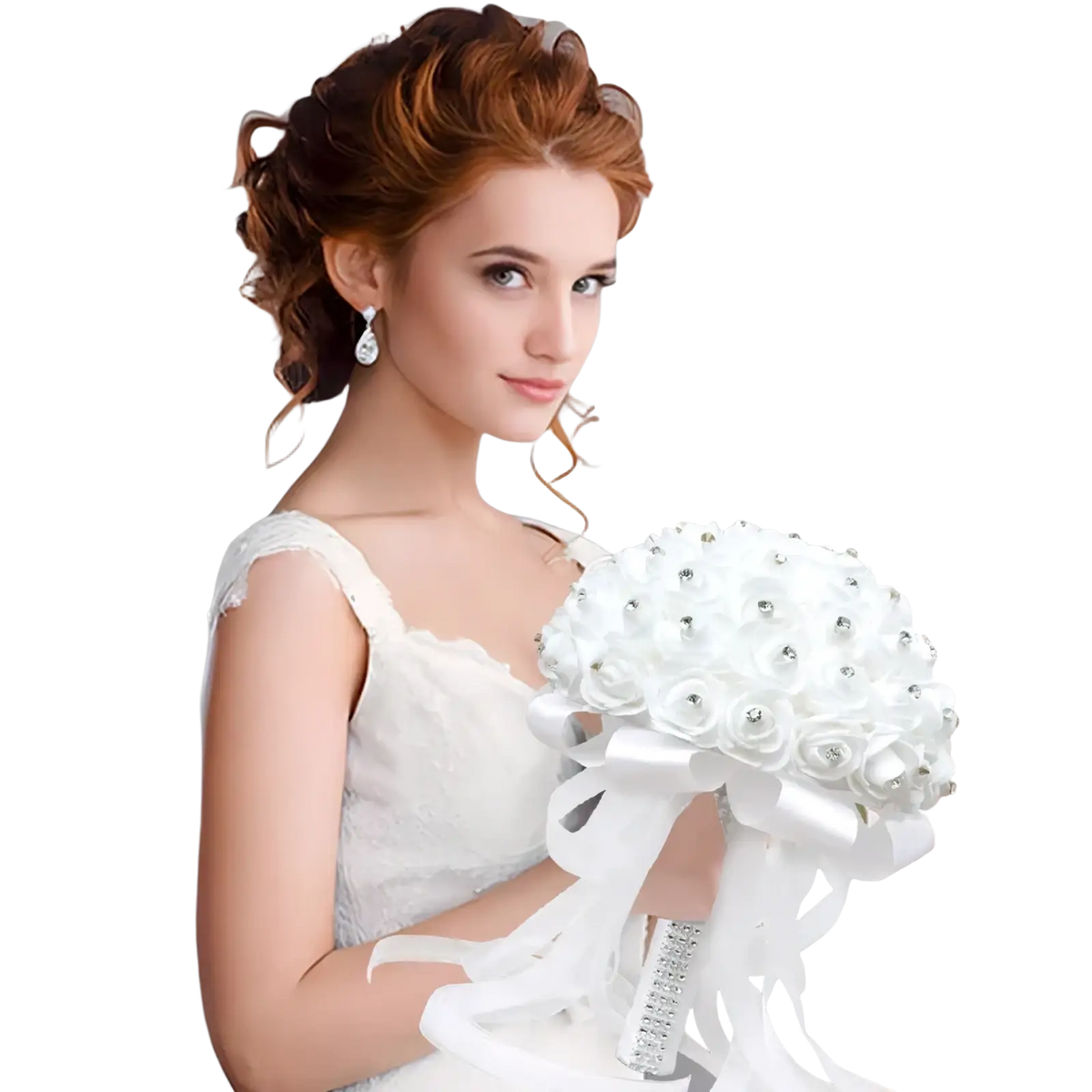 White floral bridal bouquet with rhinestones and satin ribbon wrap for wedding ring pillow use