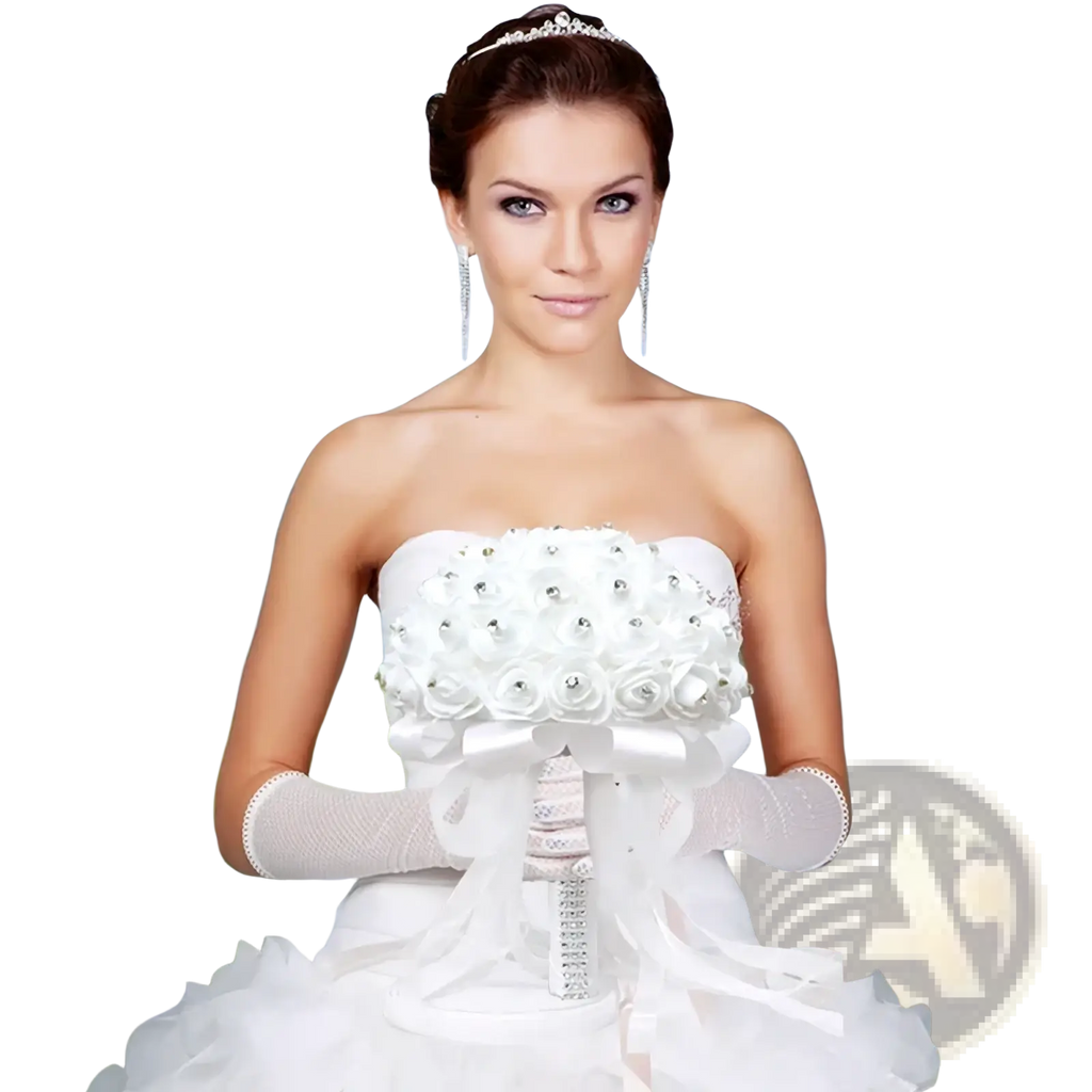 White floral bridal bouquet with rhinestone accents and satin ribbon wrapping for wedding ring pillow use