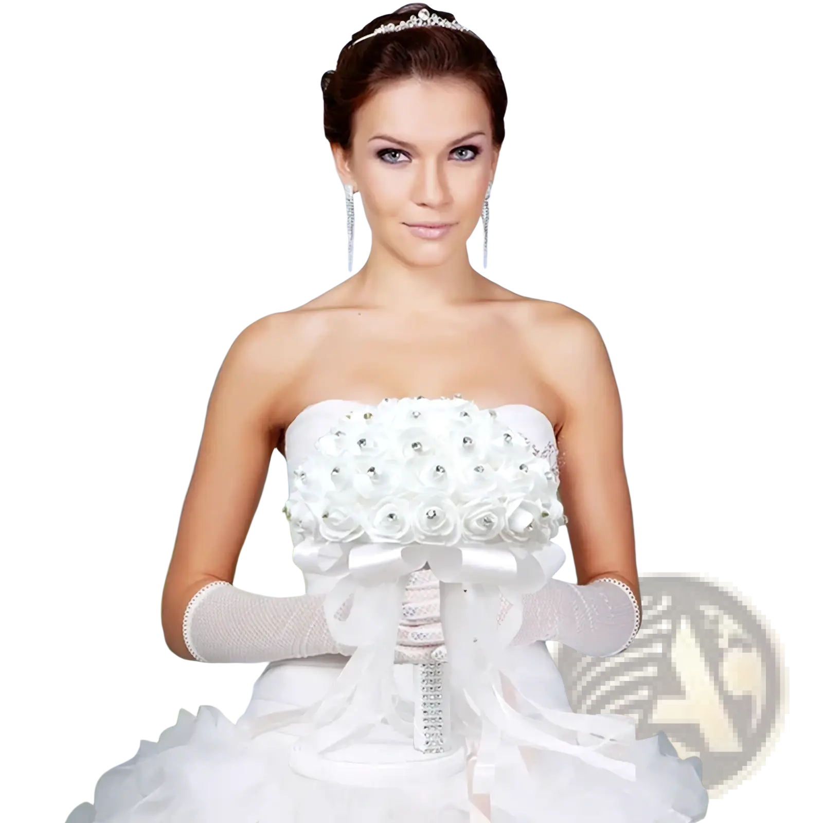 White floral bridal bouquet with rhinestone accents and satin ribbon wrapping for wedding ring pillow use