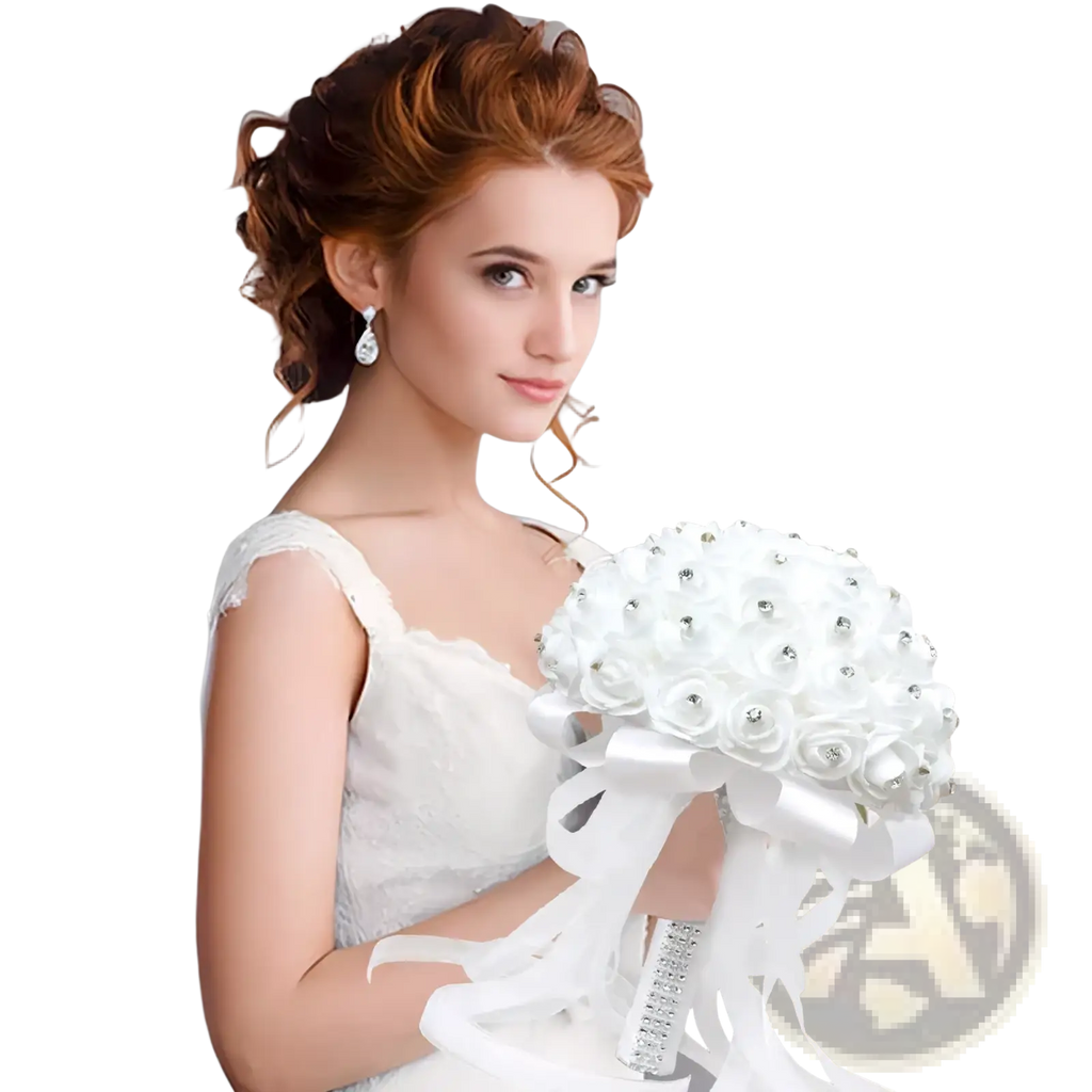 White floral bridal bouquet with rhinestones and satin ribbon wrap for wedding ring pillow use