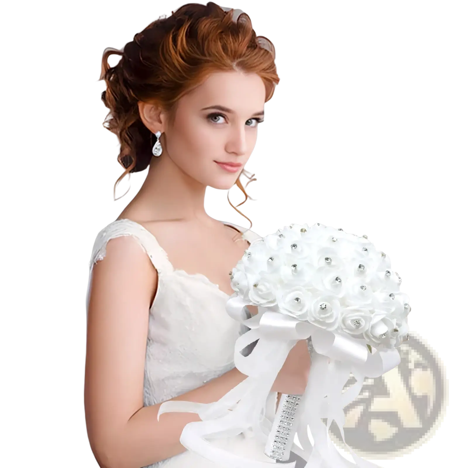 White floral bridal bouquet with rhinestones and satin ribbon wrap for wedding ring pillow use