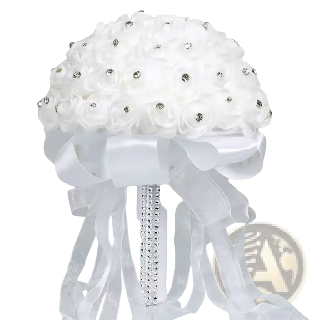 A white fabric rose bridal bouquet with rhinestones and satin ribbon bow for wedding ring pillow