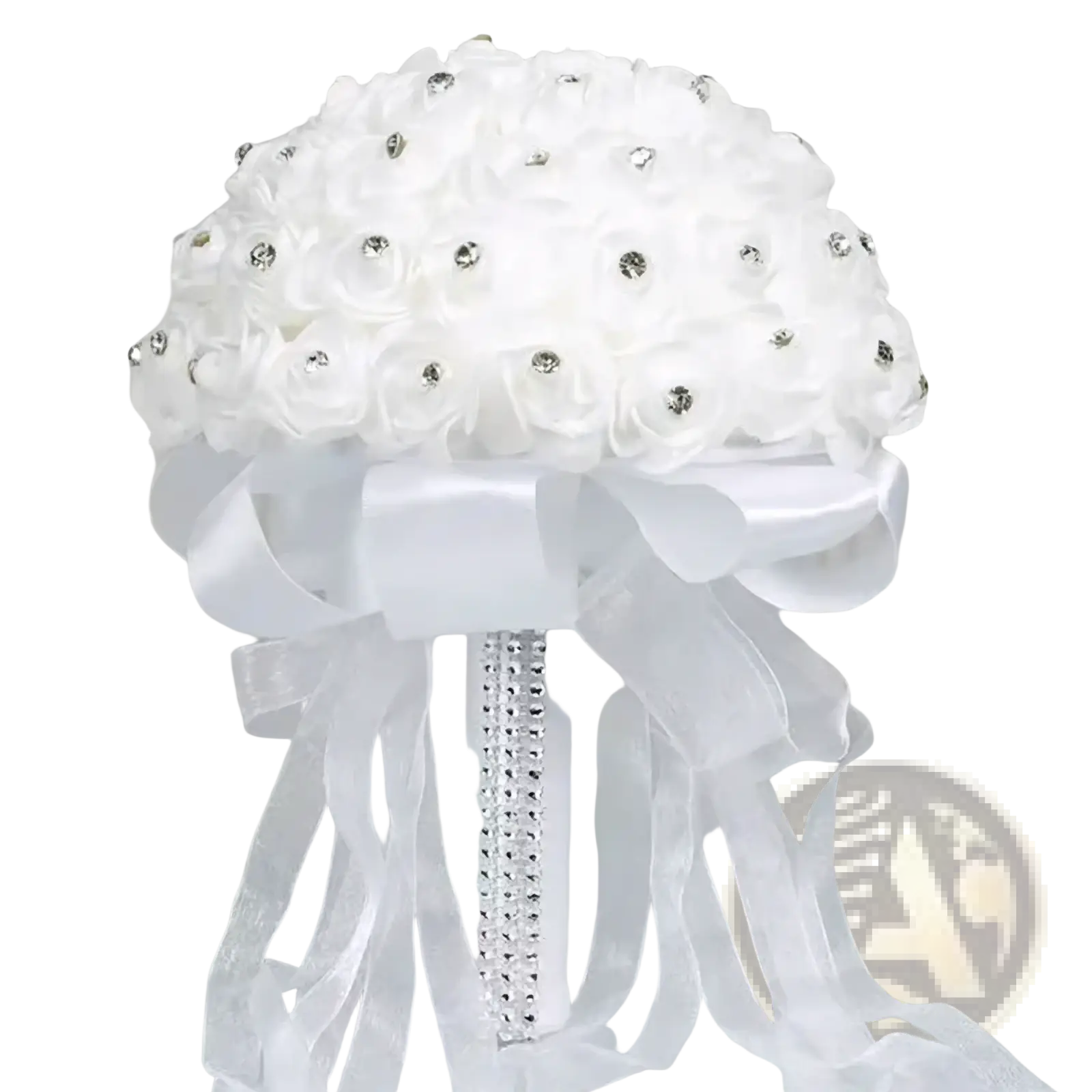 A white fabric rose bridal bouquet with rhinestones and satin ribbon bow for wedding ring pillow