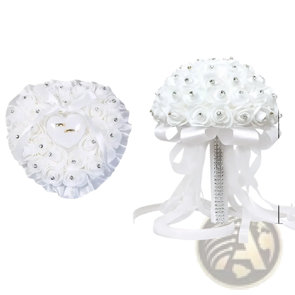 White satin rhinestone wedding ring pillow and matching heart-shaped floral bridal bouquet with accents