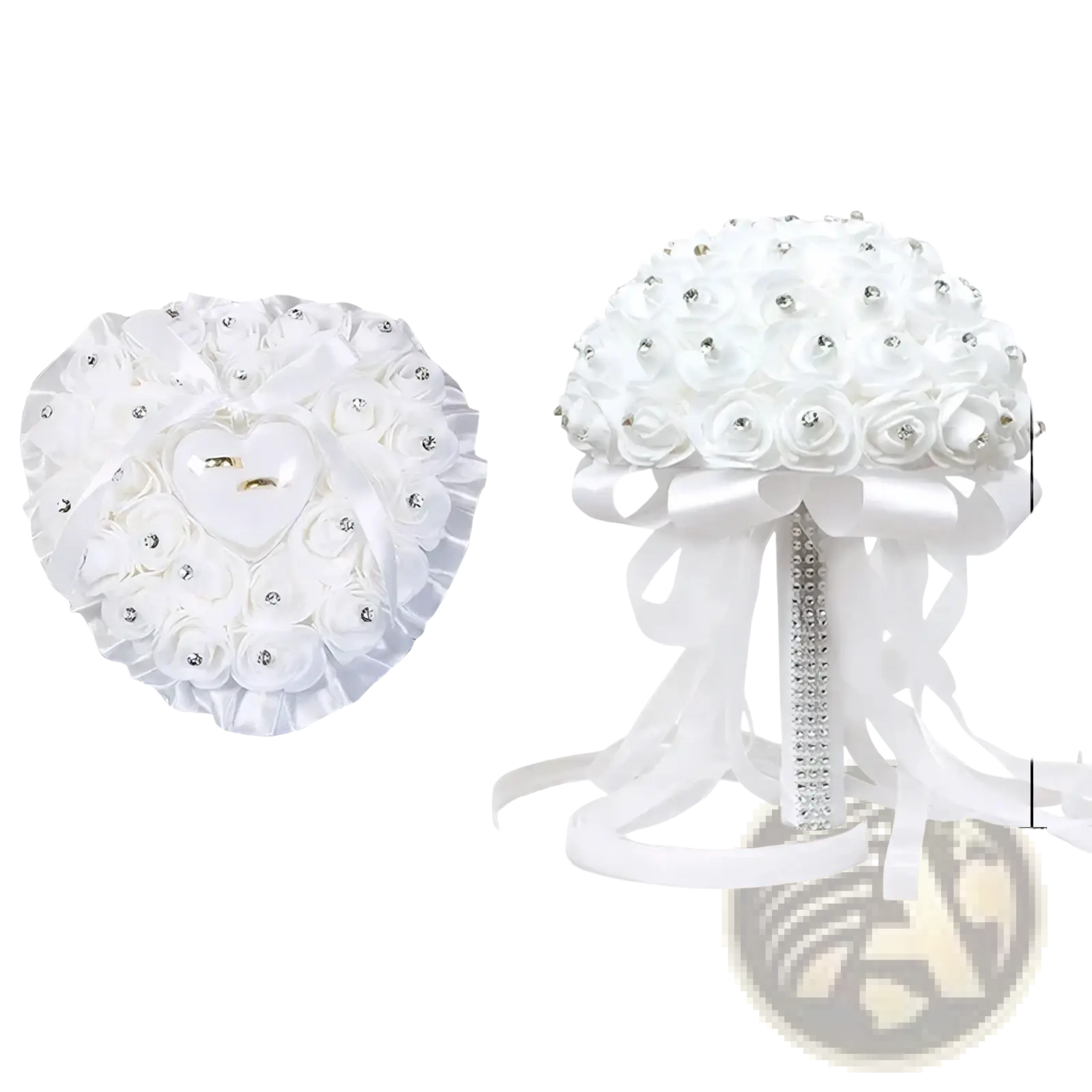 White satin rhinestone wedding ring pillow and matching heart-shaped floral bridal bouquet with accents