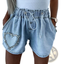 Light blue denim rhinestone Y2k shorts with heart-shaped embellishment elastic waistband and white drawstrings