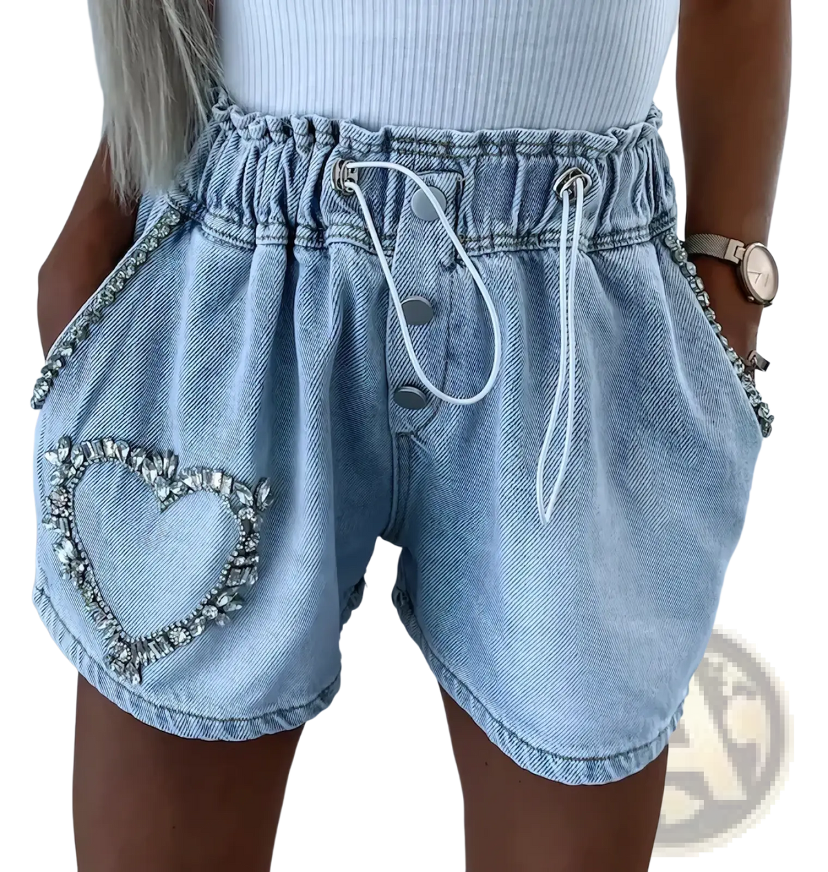 Light blue denim rhinestone Y2k shorts with heart-shaped embellishment elastic waistband and white drawstrings