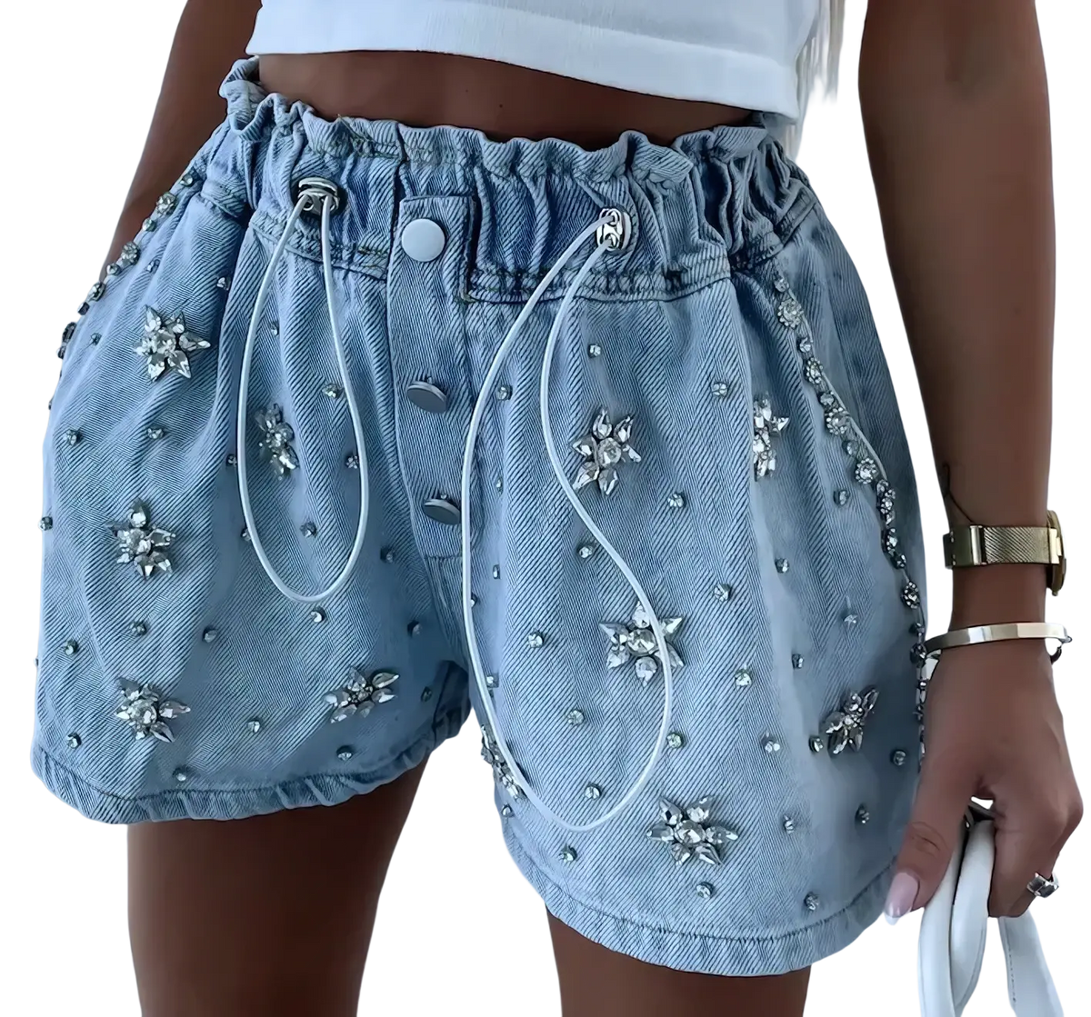 Light blue denim shorts with sparkling silver star-shaped rhinestones and small studs rhinestone Y2K denim shorts