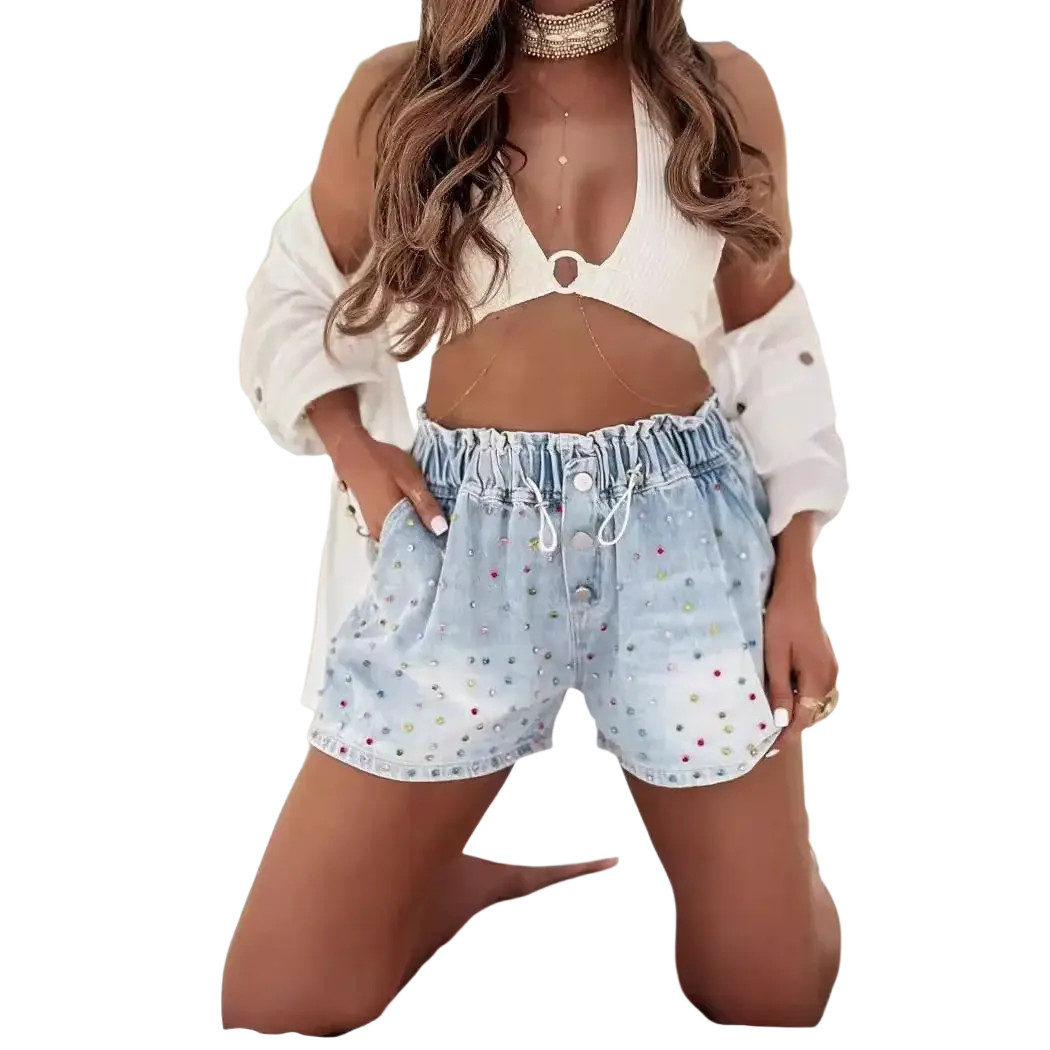 Light blue denim rhinestone y2k shorts with colorful rhinestones and a drawstring waistband
