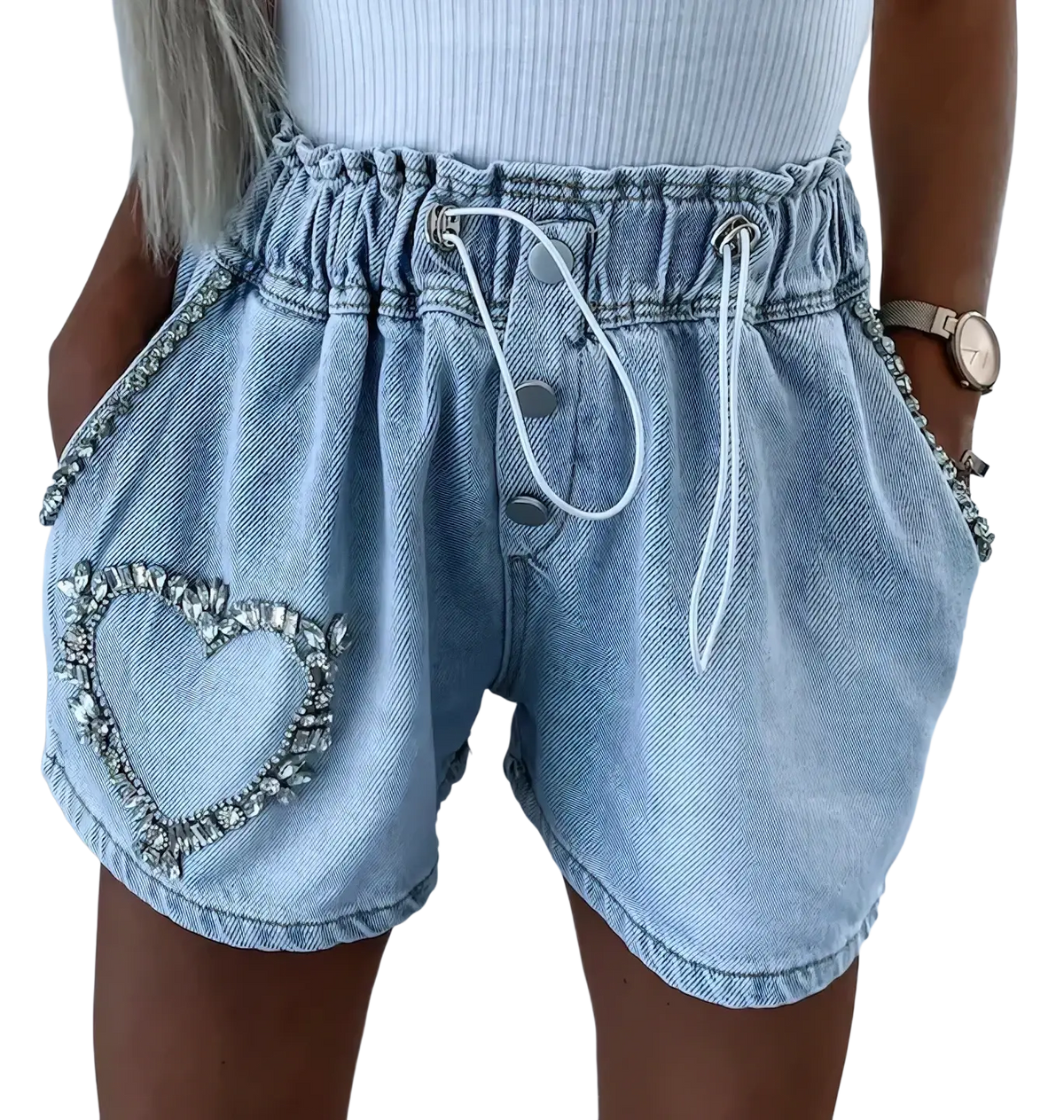 Light blue denim rhinestone Y2k shorts with heart-shaped embellishment elastic waistband and white drawstrings