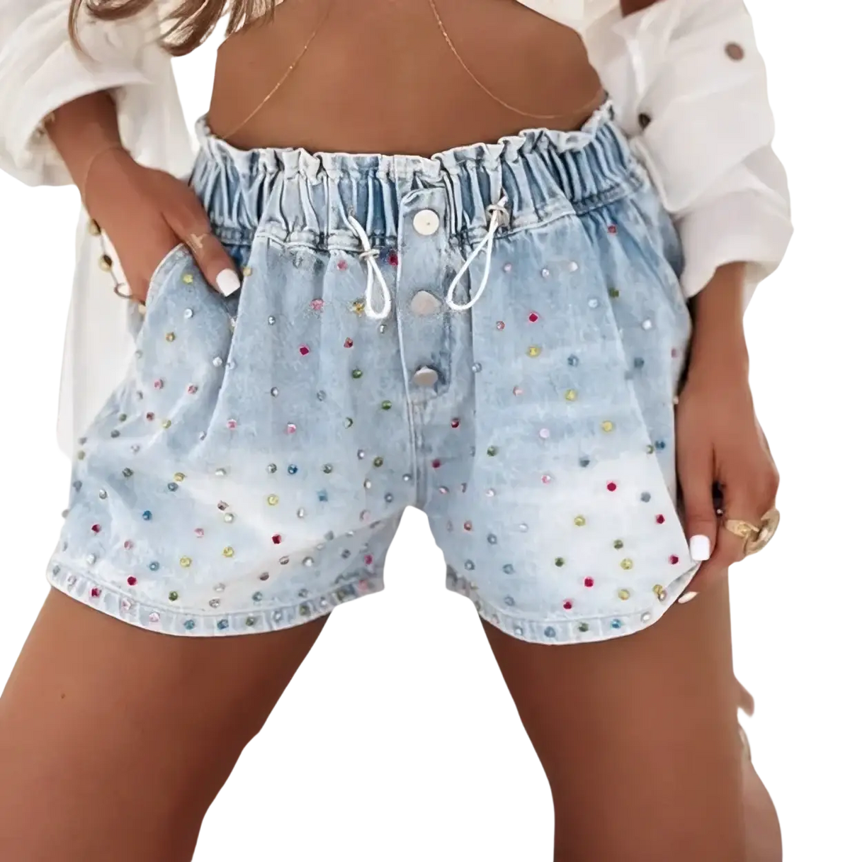Light-wash denim rhinestone Y2k shorts with gathered waistband and colorful embellishments on the front side