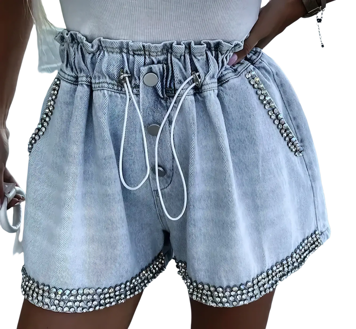 Light-wash denim rhinestone y2k shorts featuring silver rhinestone embellishments on waistband side seams and hem