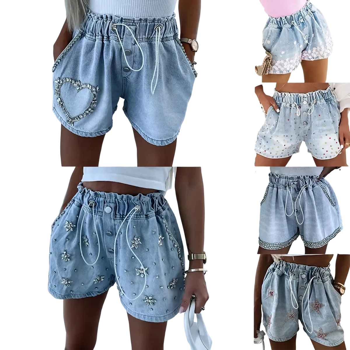 Light-wash denim rhinestone Y2k shorts with elastic waistband and heart floral sequin embellishments