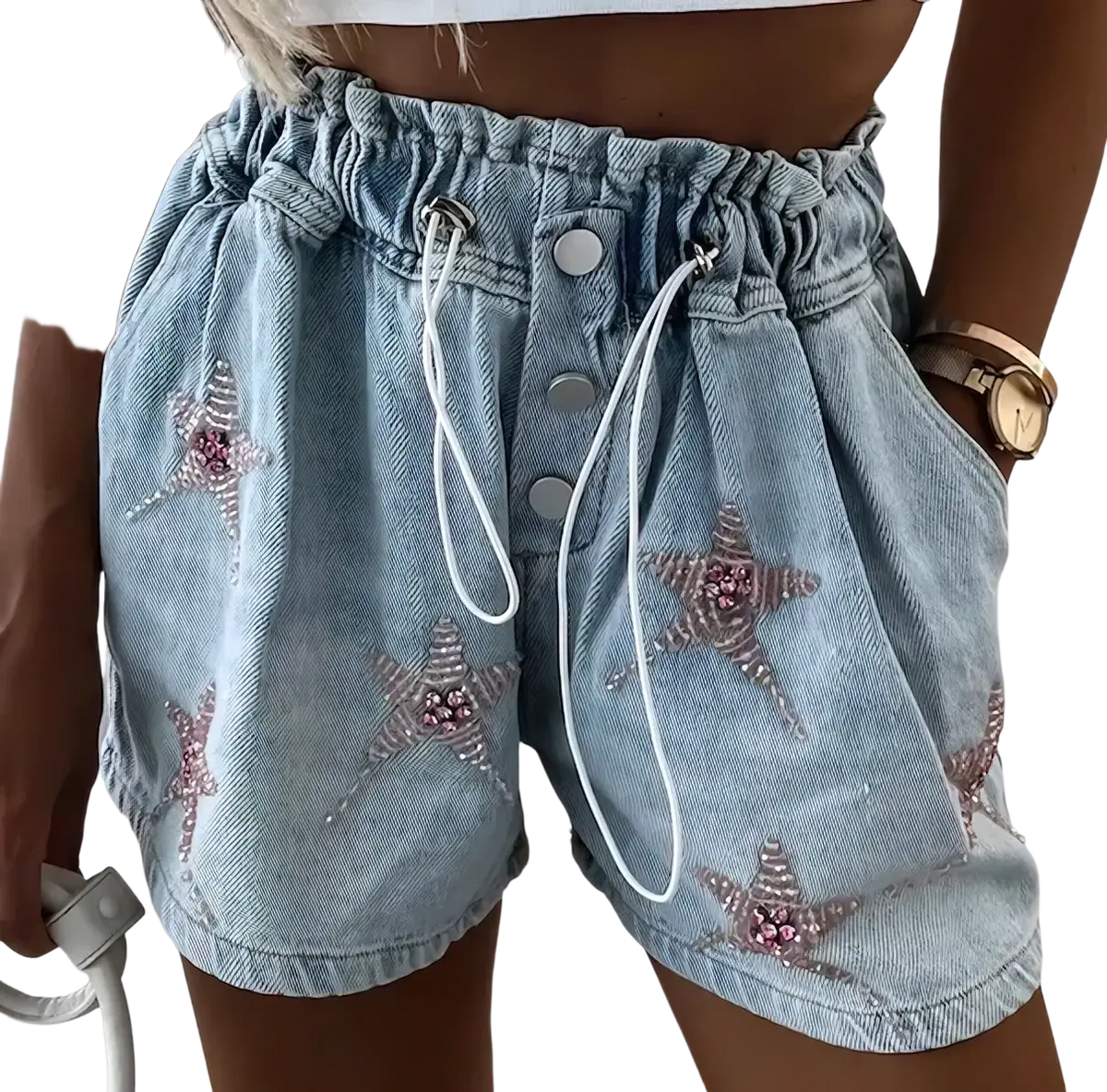 Light-wash rhinestone Y2k denim shorts with embroidered stars accented by pink sequins and silver thread, button-front closure