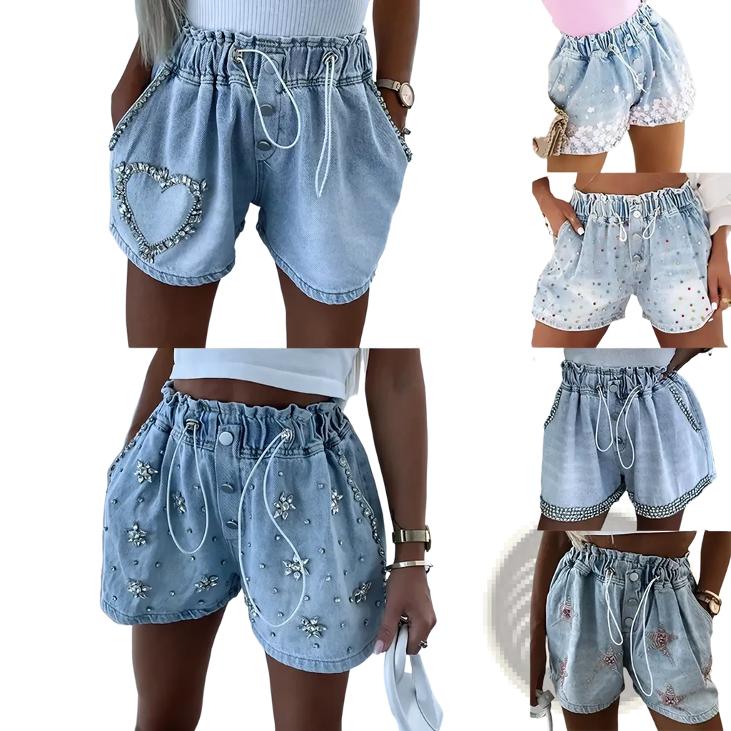 Light-wash denim rhinestone Y2k shorts with elastic waistband and heart floral sequin embellishments