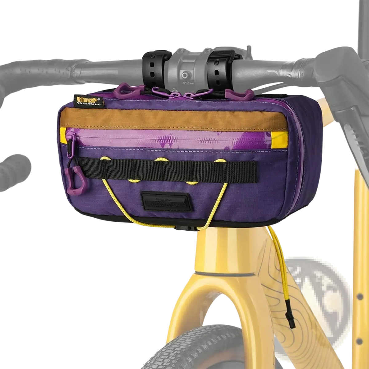 Purple and tan rhinowear bike handlebar bag with yellow accents waterproof 2.5l storage for cycling use